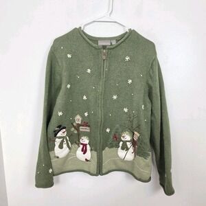 C&B Green White Full Zip Wool Angora Christmas Snowmen Winter Sweater Size Large